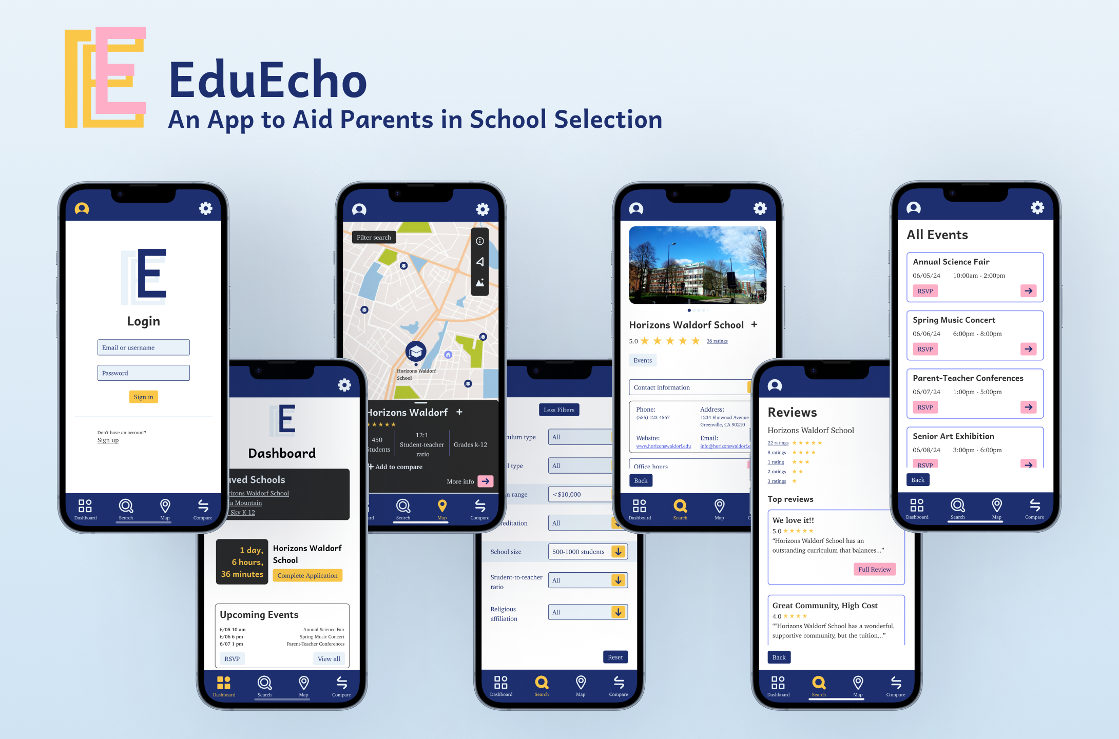 Title and logo of ‘EduEcho: An app to aid parents in school selection’ with 7 iPhone screens showing different pages of the EchoEdu application 