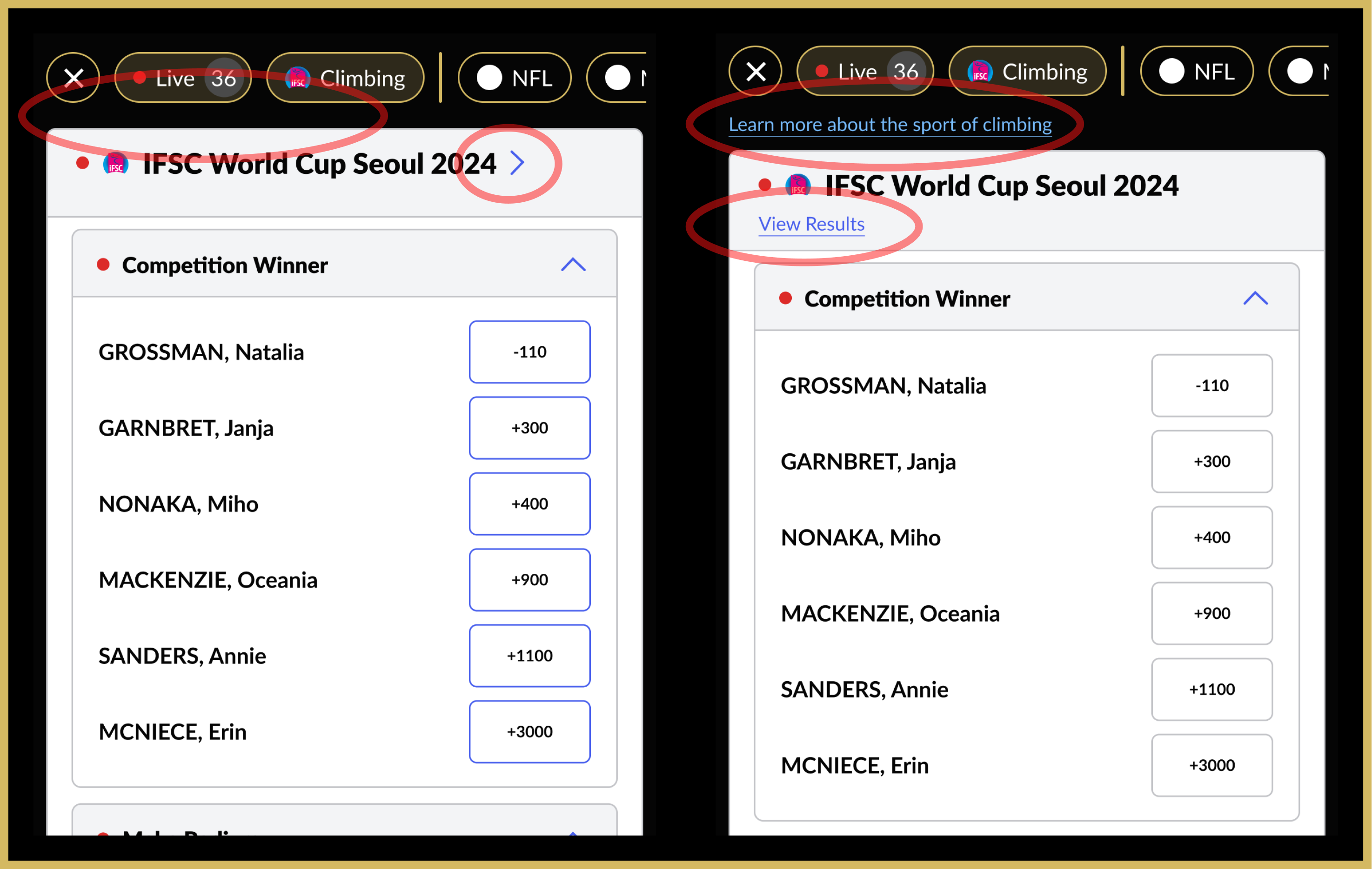 Side-by-side high-fidelity prototype screens showcasing improvements, including the addition of a "Learn more about the sport of climbing" link, a "View Results" button, and enhanced navigation elements for clarity and accessibility.