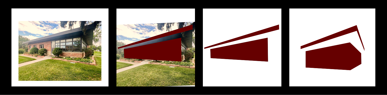 Four images/designs of the creation of a building icon, starting with an image of a building which is then overlaid with red, geometric shapes that outline the building.