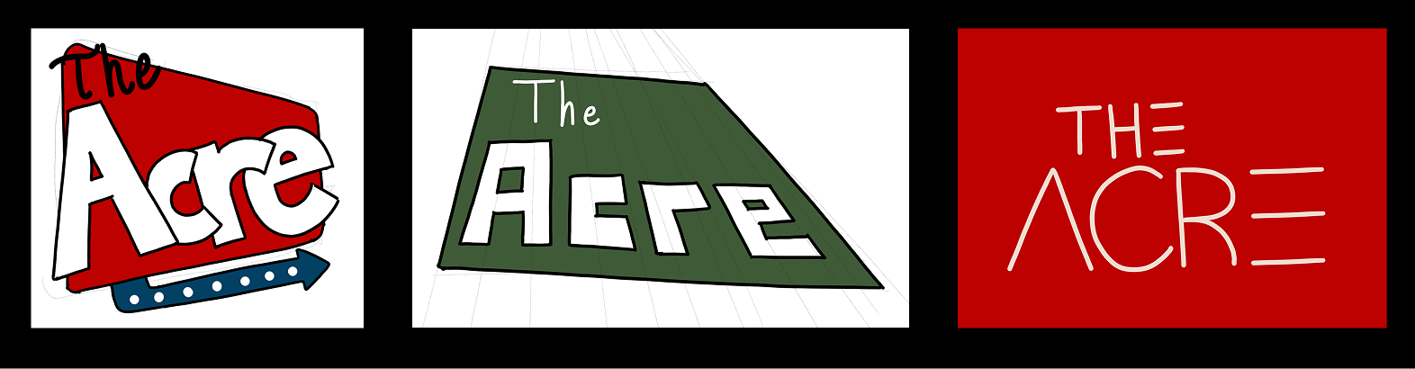 Three logo concept sketches for The Acre, featuring a retro sign, a perspective-based design, and a minimalist modern style.