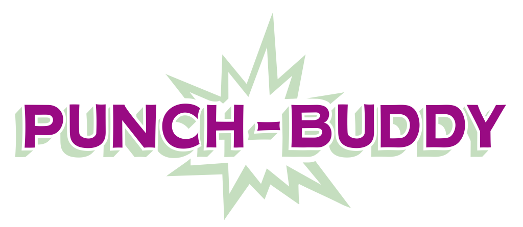 Punch-Buddy logo with cherry rose name and mint comic-style boom behind.