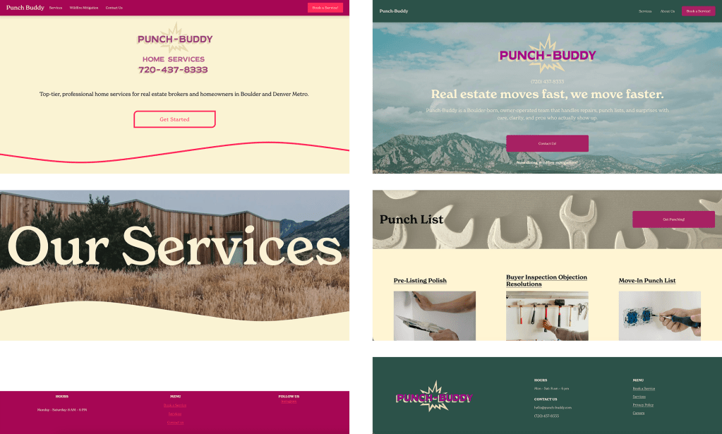 Before and after comparison of the Punch-Buddy website redesign, showing the original minimal layout alongside the updated site with bold branding, clearer messaging, Boulder imagery, improved navigation, and conversion-focused service sections.